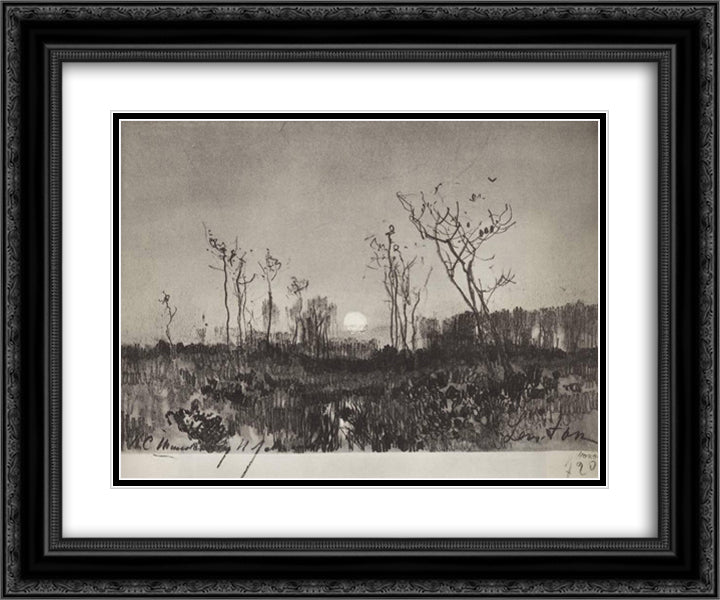 Landscape with moon 24x20 Black Ornate Wood Framed Art Print Poster with Double Matting by Levitan, Isaac