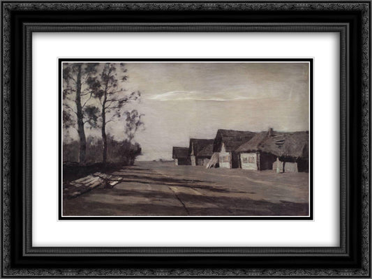 Moonlit Night. A Village 24x18 Black Ornate Wood Framed Art Print Poster with Double Matting by Levitan, Isaac
