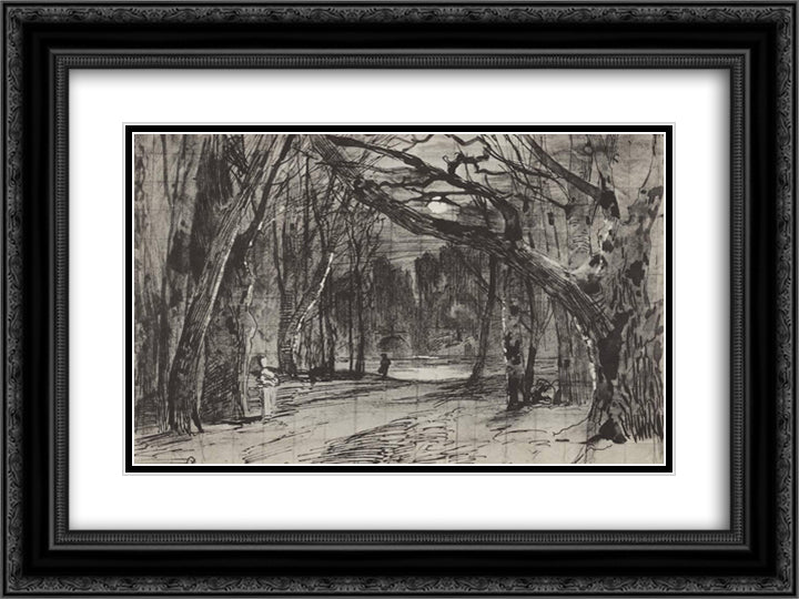 Moonlit night at park 24x18 Black Ornate Wood Framed Art Print Poster with Double Matting by Levitan, Isaac