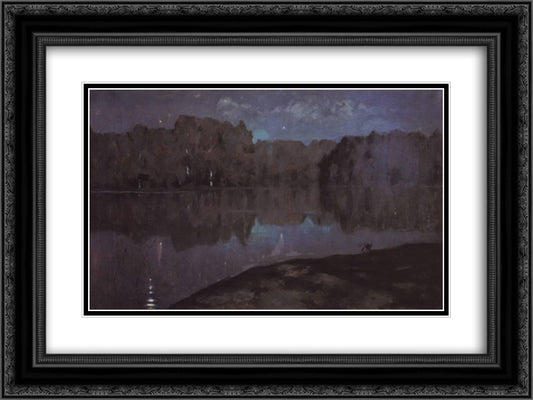 Night. Riverbank. 24x18 Black Ornate Wood Framed Art Print Poster with Double Matting by Levitan, Isaac