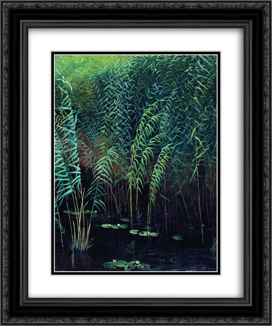 Reeds and water lilies 20x24 Black Ornate Wood Framed Art Print Poster with Double Matting by Levitan, Isaac