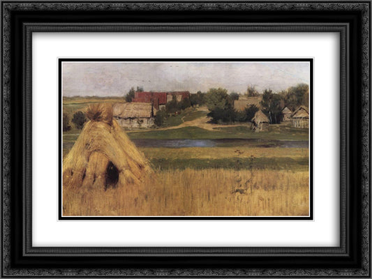 Sheaves and a Village Beyond the River 24x18 Black Ornate Wood Framed Art Print Poster with Double Matting by Levitan, Isaac