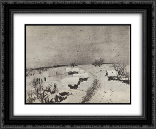 Small village under the snow 24x20 Black Ornate Wood Framed Art Print Poster with Double Matting by Levitan, Isaac