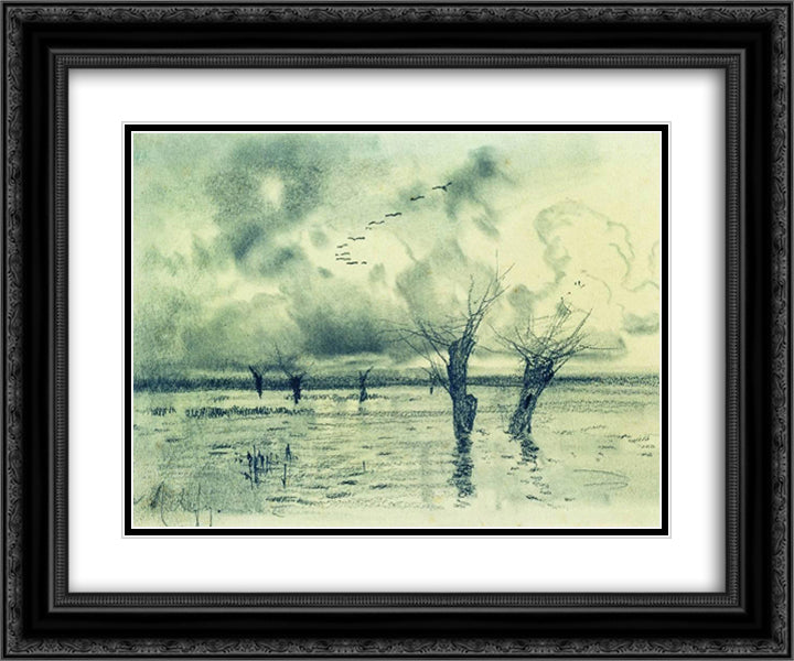 Spring. Cranes flying. 24x20 Black Ornate Wood Framed Art Print Poster with Double Matting by Levitan, Isaac