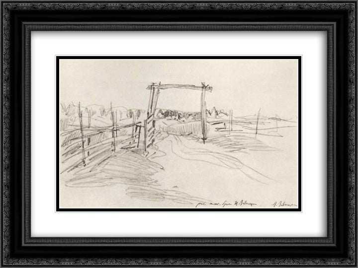 Summer evening. Edge of Village. 24x18 Black Ornate Wood Framed Art Print Poster with Double Matting by Levitan, Isaac