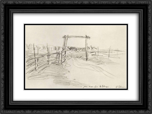 Summer evening. Edge of Village. 24x18 Black Ornate Wood Framed Art Print Poster with Double Matting by Levitan, Isaac