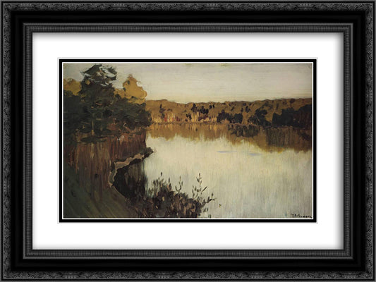 Sunset over a Forest Lake. Study 24x18 Black Ornate Wood Framed Art Print Poster with Double Matting by Levitan, Isaac