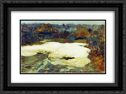 The Last Snow. Village Savvinskaya. 24x18 Black Ornate Wood Framed Art Print Poster with Double Matting by Levitan, Isaac