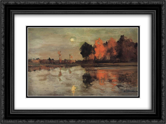 Twilight. Moon. 24x18 Black Ornate Wood Framed Art Print Poster with Double Matting by Levitan, Isaac