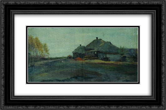 Village. A gray day. 24x16 Black Ornate Wood Framed Art Print Poster with Double Matting by Levitan, Isaac