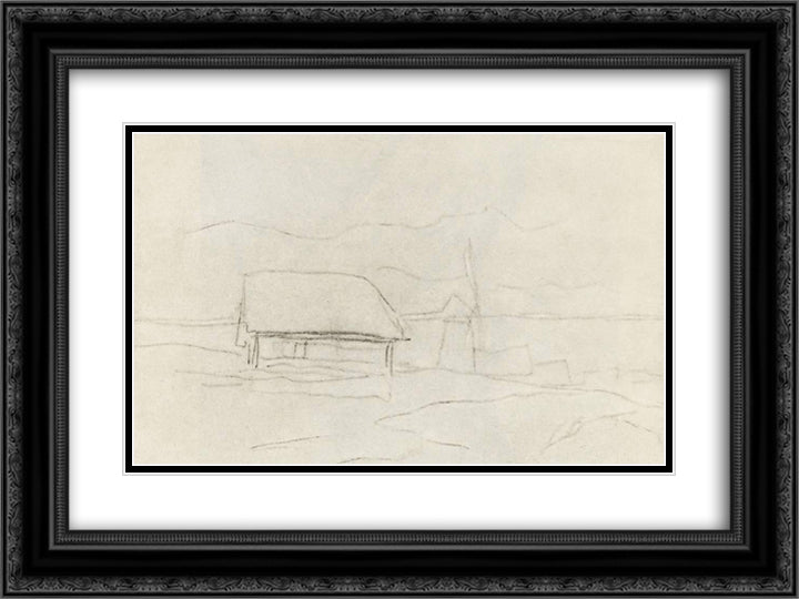 Village. Windmill. 24x18 Black Ornate Wood Framed Art Print Poster with Double Matting by Levitan, Isaac