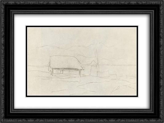 Village. Windmill. 24x18 Black Ornate Wood Framed Art Print Poster with Double Matting by Levitan, Isaac