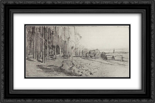Village at the edge of forest 24x16 Black Ornate Wood Framed Art Print Poster with Double Matting by Levitan, Isaac