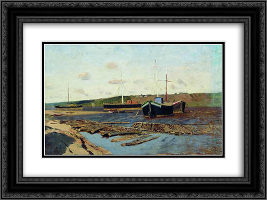 Volga. Barges. 24x18 Black Ornate Wood Framed Art Print Poster with Double Matting by Levitan, Isaac