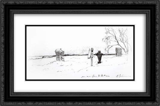 Winter landscape. Cemetery. 24x16 Black Ornate Wood Framed Art Print Poster with Double Matting by Levitan, Isaac