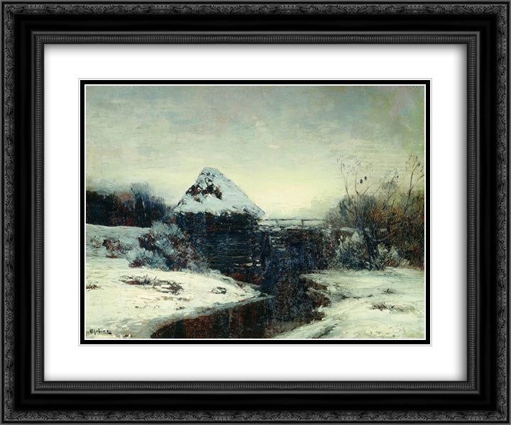 Winter landscape with mill 24x20 Black Ornate Wood Framed Art Print Poster with Double Matting by Levitan, Isaac
