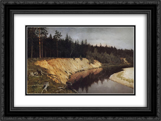 Wooded riverbank. Twilight. 24x18 Black Ornate Wood Framed Art Print Poster with Double Matting by Levitan, Isaac
