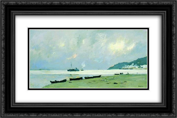 Yurievets. Gloomy Day on the Volga. 24x16 Black Ornate Wood Framed Art Print Poster with Double Matting by Levitan, Isaac
