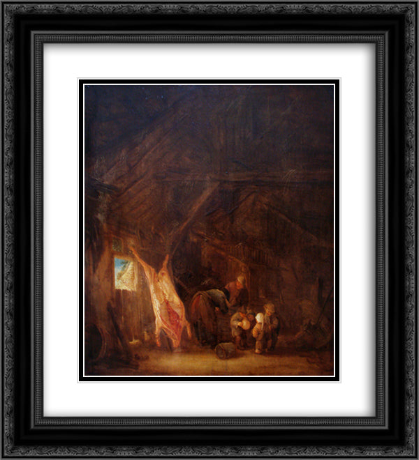 A Barn Interior with a Slaughtered Pig, Children Playing Beyond 20x22 Black Ornate Wood Framed Art Print Poster with Double Matting by Ostade, Isaac van