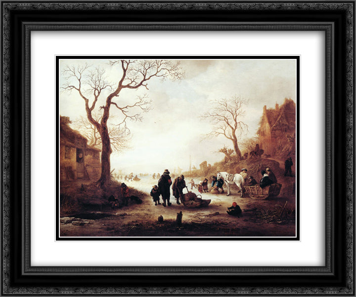 A Canal in Winter 24x20 Black Ornate Wood Framed Art Print Poster with Double Matting by Ostade, Isaac van
