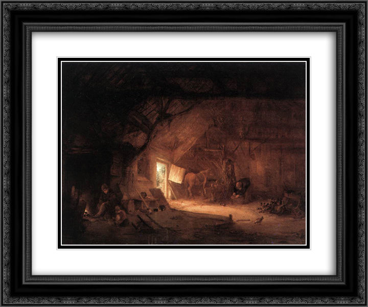 Farmhouse Interior 24x20 Black Ornate Wood Framed Art Print Poster with Double Matting by Ostade, Isaac van