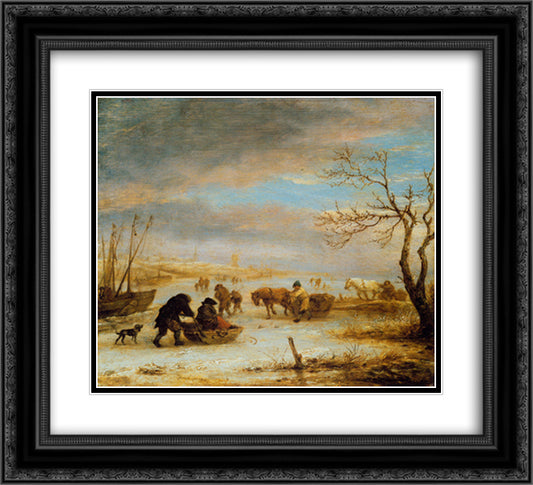 Frozen Ice Landscape with Carriages and Boats 22x20 Black Ornate Wood Framed Art Print Poster with Double Matting by Ostade, Isaac van