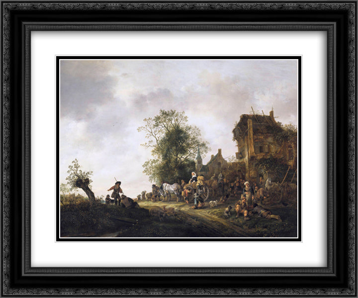 Travellers Outside an Inn 24x20 Black Ornate Wood Framed Art Print Poster with Double Matting by Ostade, Isaac van