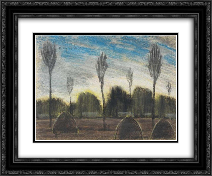 Landscape with hayricks 24x20 Black Ornate Wood Framed Art Print Poster with Double Matting by Nagy, Istvan