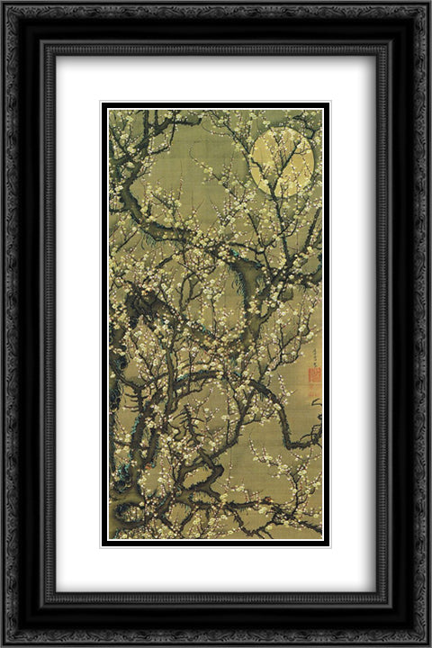 Baika kougetuzu 16x24 Black Ornate Wood Framed Art Print Poster with Double Matting by Jakuchu, Ito
