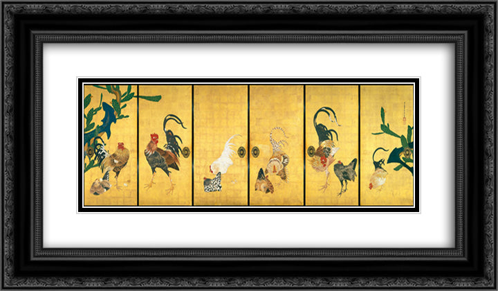 Cactus and Roosters 24x14 Black Ornate Wood Framed Art Print Poster with Double Matting by Jakuchu, Ito