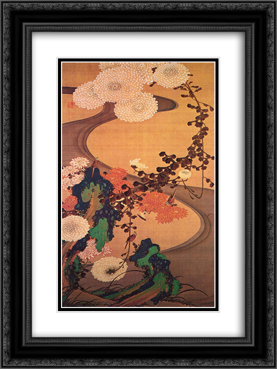 Chrysanthemums by a stream, with rocks 18x24 Black Ornate Wood Framed Art Print Poster with Double Matting by Jakuchu, Ito