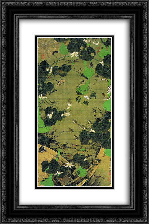 Insects by Pond Side 16x24 Black Ornate Wood Framed Art Print Poster with Double Matting by Jakuchu, Ito