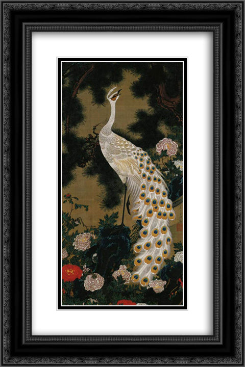 Old Pine Tree and Peacock 16x24 Black Ornate Wood Framed Art Print Poster with Double Matting by Jakuchu, Ito