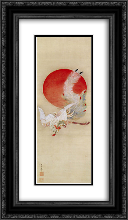 Phoenix and Sun 14x24 Black Ornate Wood Framed Art Print Poster with Double Matting by Jakuchu, Ito