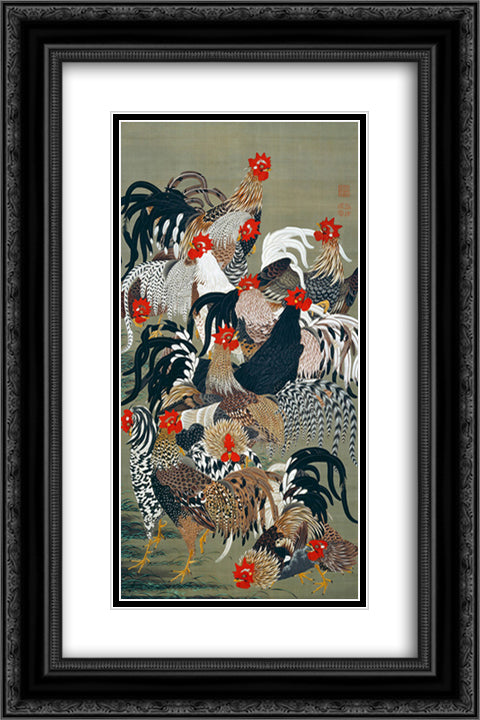 Roosters 16x24 Black Ornate Wood Framed Art Print Poster with Double Matting by Jakuchu, Ito