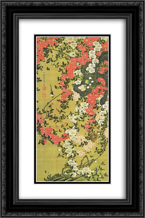 Roses (Bara Shou Kin Zu) 16x24 Black Ornate Wood Framed Art Print Poster with Double Matting by Jakuchu, Ito