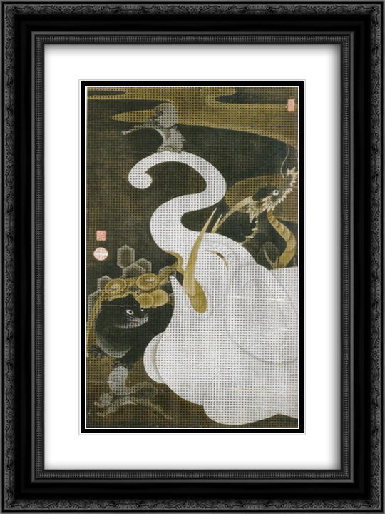 White Elephant and Animals 18x24 Black Ornate Wood Framed Art Print Poster with Double Matting by Jakuchu, Ito