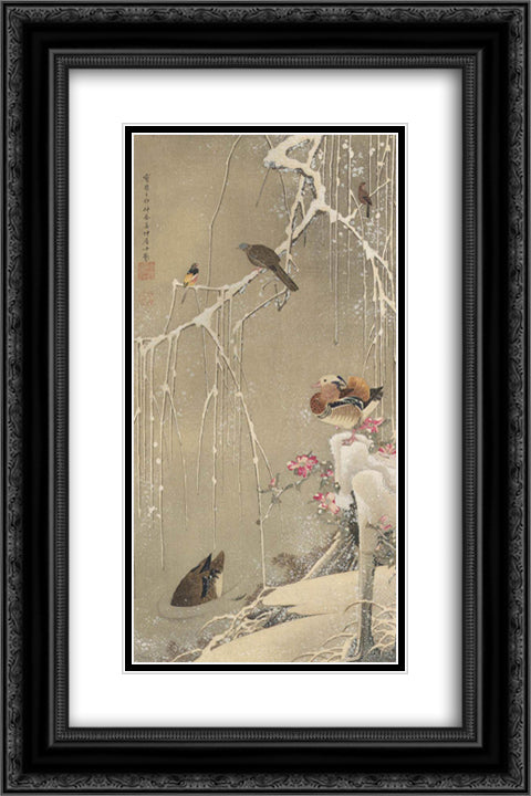 Willow Tree and Mandarin Ducks in the Snow 16x24 Black Ornate Wood Framed Art Print Poster with Double Matting by Jakuchu, Ito