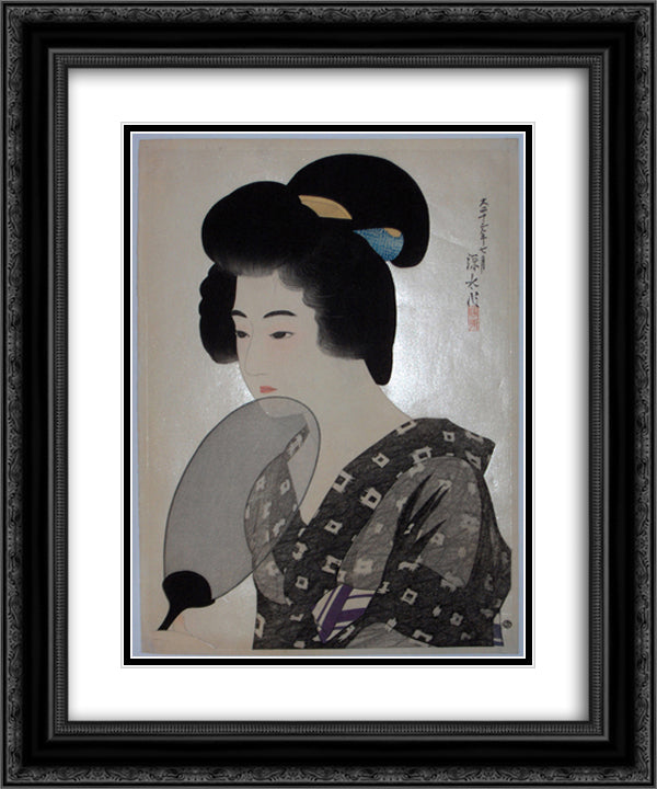 A Woman Holding a Fan 20x24 Black Ornate Wood Framed Art Print Poster with Double Matting by Shinsui, Ito