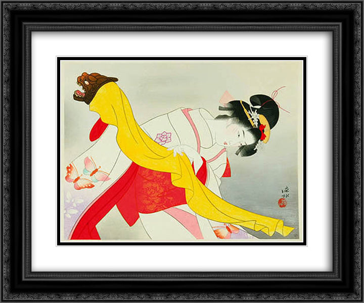 Kagamijishi Kabuki Dance 24x20 Black Ornate Wood Framed Art Print Poster with Double Matting by Shinsui, Ito