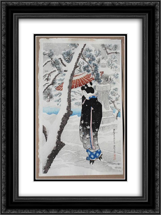 The Grounds of a Shinto Shrine in Snow 18x24 Black Ornate Wood Framed Art Print Poster with Double Matting by Shinsui, Ito