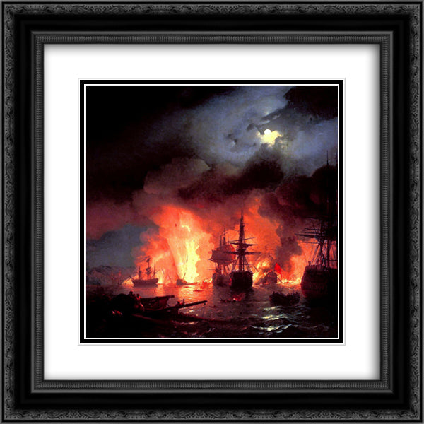 Battle of Cesme at Night 20x20 Black Ornate Wood Framed Art Print Poster with Double Matting by Aivazovsky, Ivan