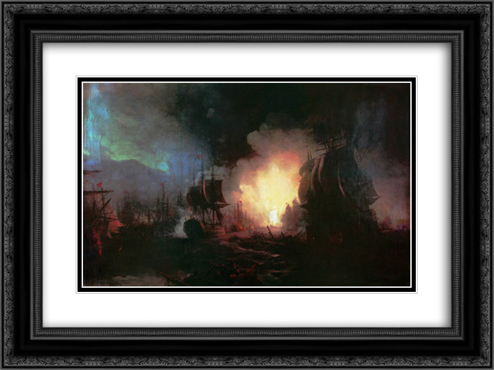 Battle of Chesma 24x18 Black Ornate Wood Framed Art Print Poster with Double Matting by Aivazovsky, Ivan