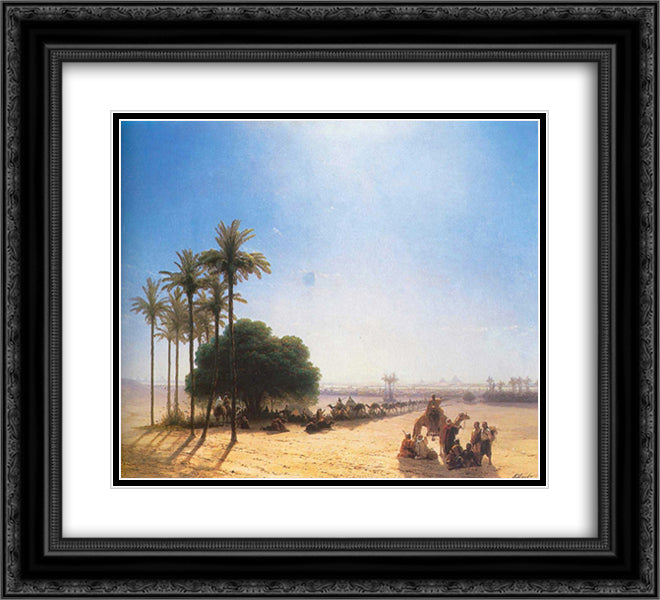 Caravan in the oasis. Egypt 22x20 Black Ornate Wood Framed Art Print Poster with Double Matting by Aivazovsky, Ivan