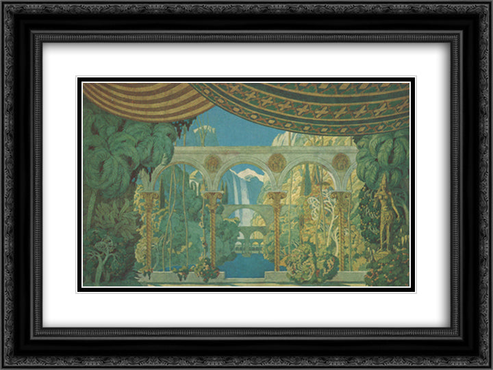 Chernomor's Gardens. Sketches of scenery for Mikhail Glinka's Ruslan and Ludmilla 24x18 Black Ornate Wood Framed Art Print Poster with Double Matting by Bilibin, Ivan