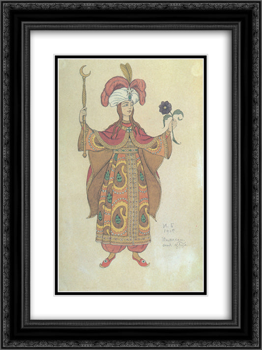 Costume design for the Opera, The Golden Cockerel, by Nikolai Rimsky-Korsakov 18x24 Black Ornate Wood Framed Art Print Poster with Double Matting by Bilibin, Ivan