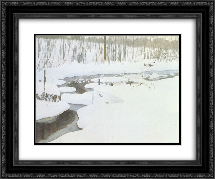 Creek in winter 24x20 Black Ornate Wood Framed Art Print Poster with Double Matting by Bilibin, Ivan