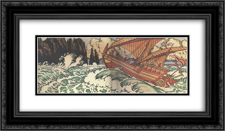 Illustration for the fairytale Sinbad the Sailor 24x14 Black Ornate Wood Framed Art Print Poster with Double Matting by Bilibin, Ivan