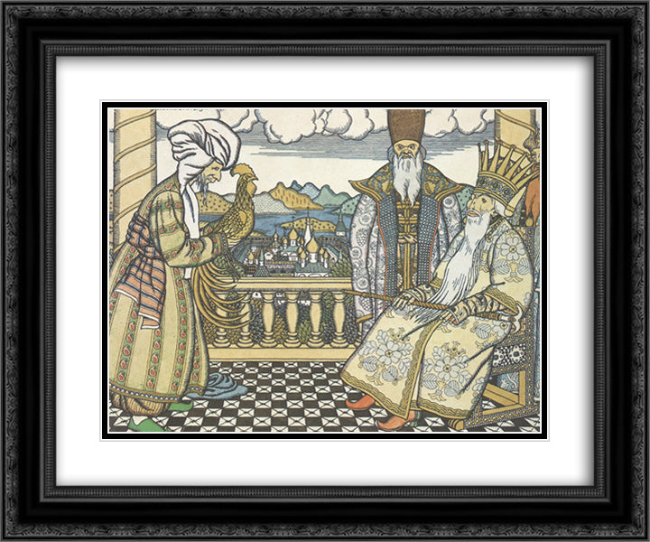 Illustration for the poem 'The Tale of the Golden Cockerel' by Alexander Pushkin 24x20 Black Ornate Wood Framed Art Print Poster with Double Matting by Bilibin, Ivan