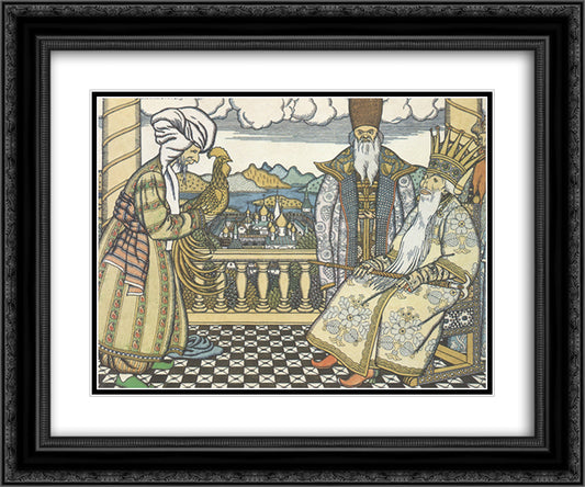 Illustration for the poem 'The Tale of the Golden Cockerel' by Alexander Pushkin 24x20 Black Ornate Wood Framed Art Print Poster with Double Matting by Bilibin, Ivan